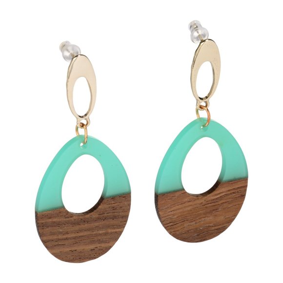 Teal Wooden Geometric Teardrop Earrings - Acrylic Resin Lightweight Wood - Picture 5 of 5